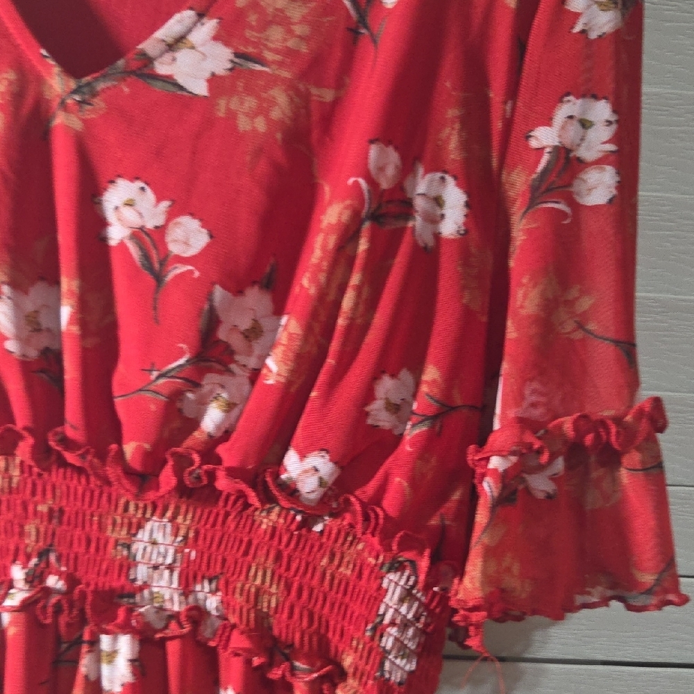 Indigo Rose Red Floral Midi Dress with Smocked Waist - Picture 2 of 8